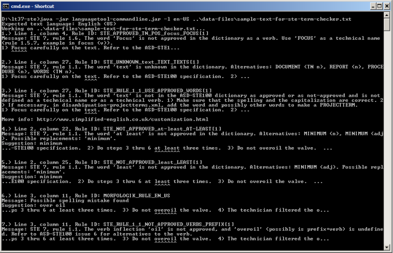 Windows command-line program running the term checker with sample text