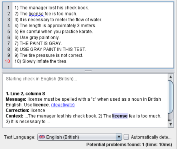 The LanguageTool spelling checker finds one error'