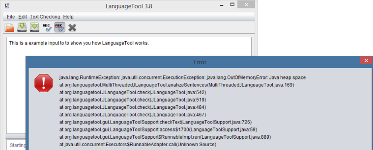LanguageTool starts, but there is a heap space error